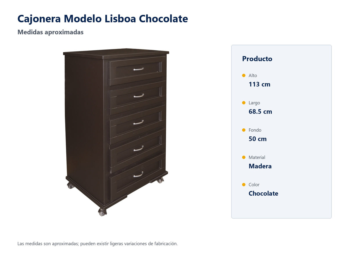 Cajonera Modelo Lisboa Chocolate: medidas aproximadas, alto 113 cm, largo 68.5 cm y fondo 50 cm.