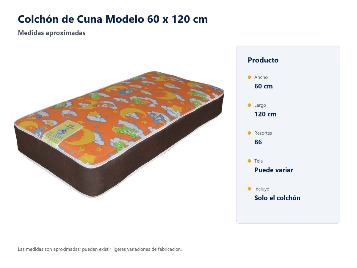 Colchón de cuna 60 x 120 cm: medidas aproximadas, 86 resortes; la tela puede variar; solo colchón