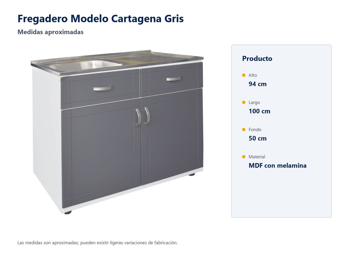 Fregadero Cartagena Gris: medidas aproximadas, alto 94 cm, largo 100 cm y fondo 50 cm