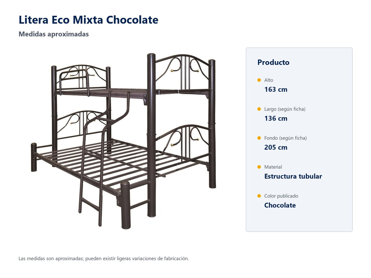 Litera Modelo Eco Mixta Chocolate: medidas aproximadas y estructura tubular, color Chocolate