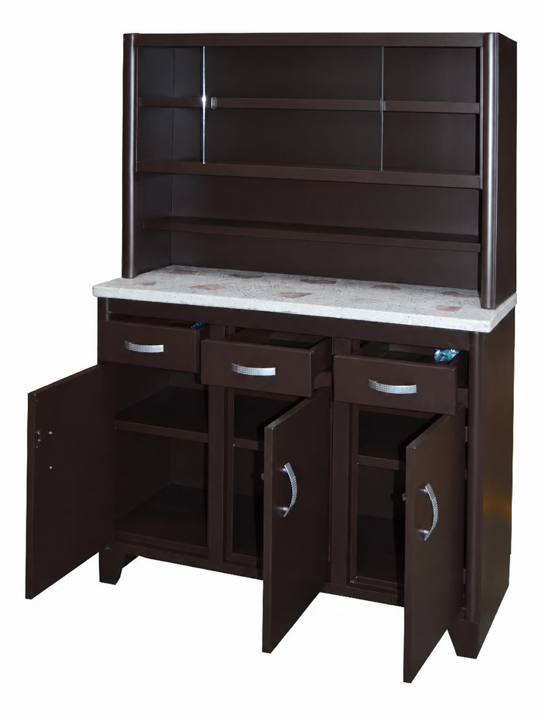 Mueble para Cocina Modelo Cohuxa Chocolate - vista interior con puertas y cajones abiertos