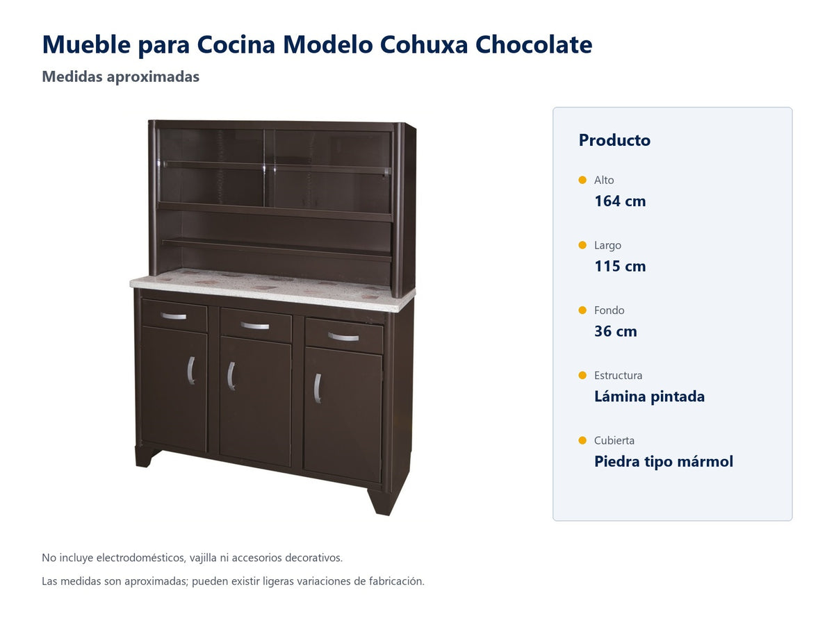Mueble para Cocina Modelo Cohuxa Chocolate - medidas aproximadas y materiales; accesorios no incluidos