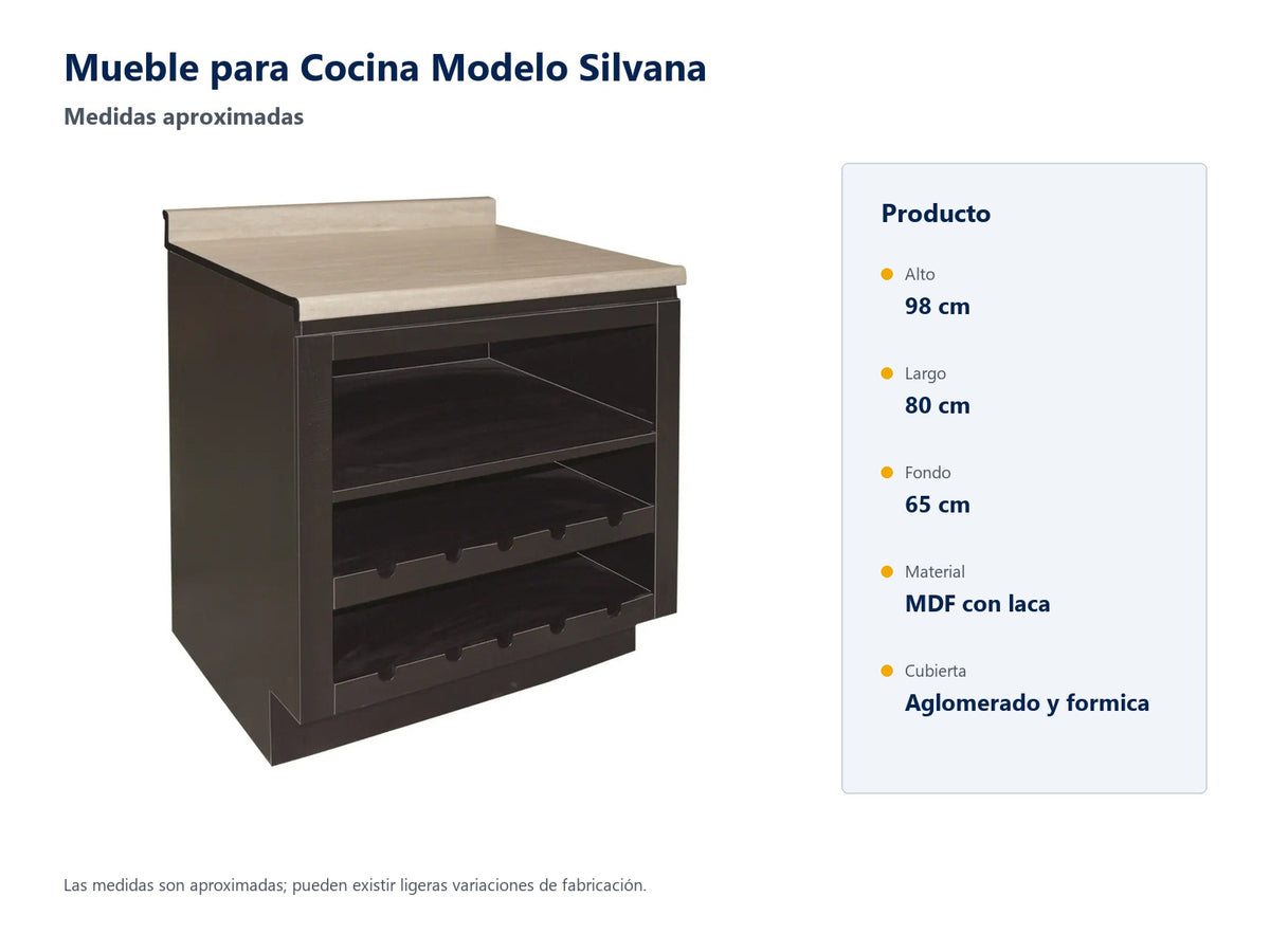Silvana: medidas aproximadas, MDF con laca y cubierta de aglomerado y formica.