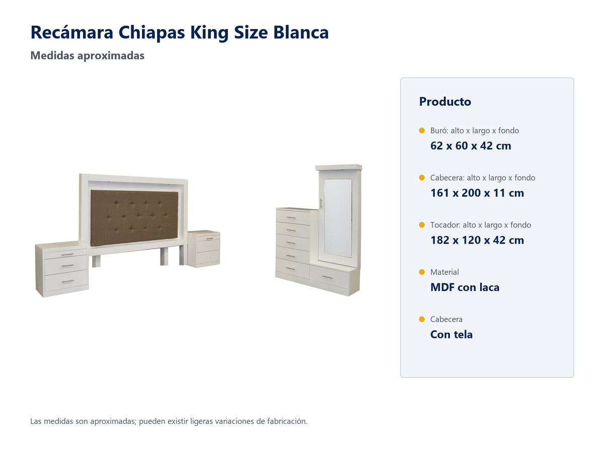 Recamara Chiapas King Size - medidas aproximadas y materiales