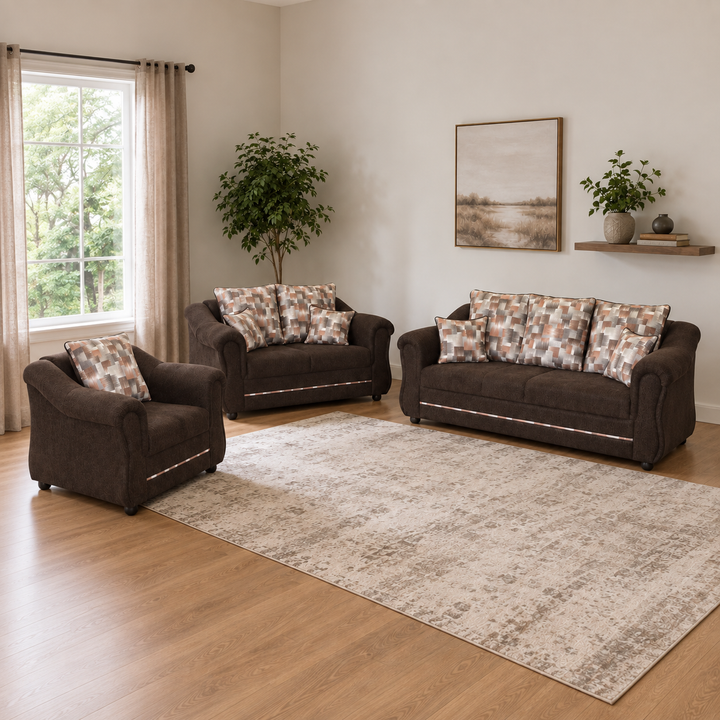 Sala Heroes 3.2.1. ambientada: sillon, love seat y sofa completos