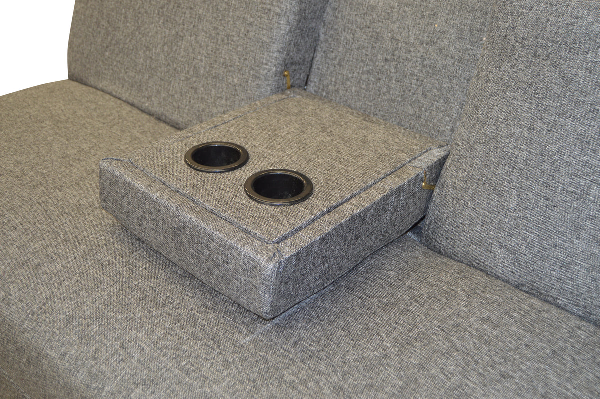 Sofa cama Ensueño Gris - detalle de portavasos y herrajes