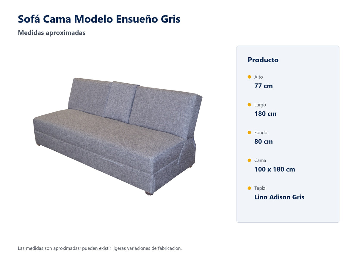 Sofá cama Ensueño Gris: medidas aproximadas y tapiz