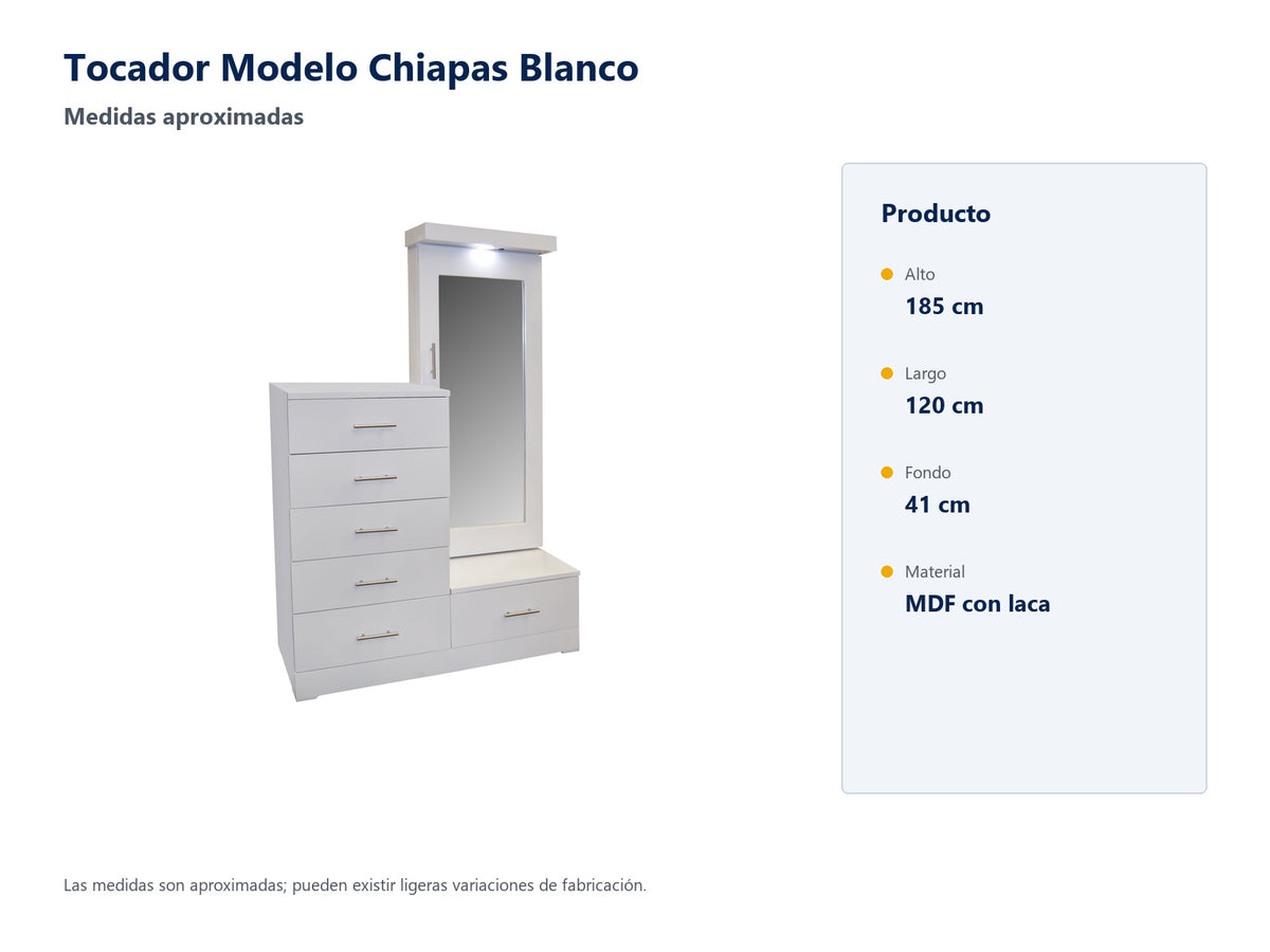 Tocador Modelo Chiapas Blanco - medidas aproximadas y material