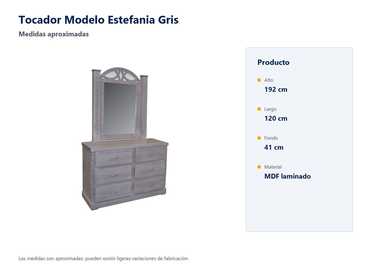 Tocador Modelo Estefania Gris - medidas aproximadas; pueden existir ligeras variaciones de fabricación