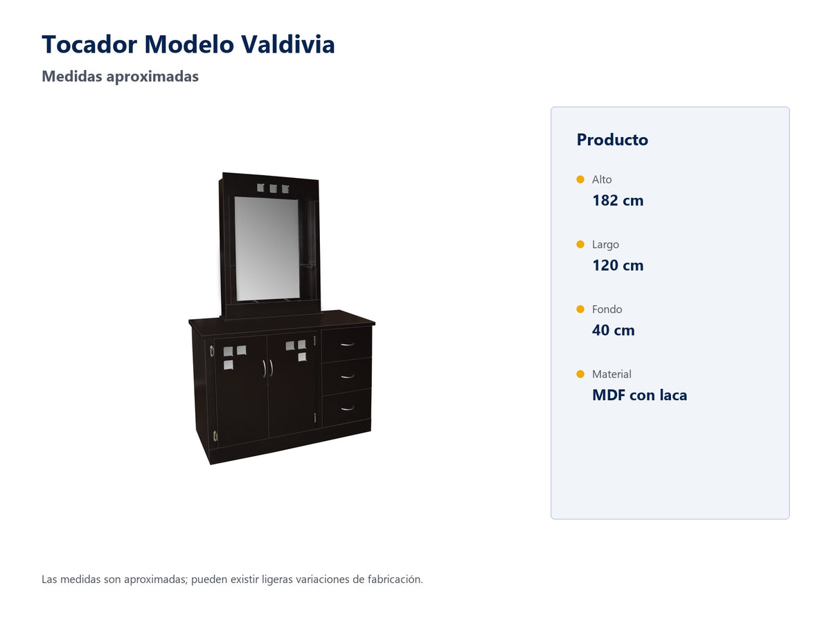 Tocador Modelo Valdivia - medidas aproximadas; pueden existir ligeras variaciones de fabricación