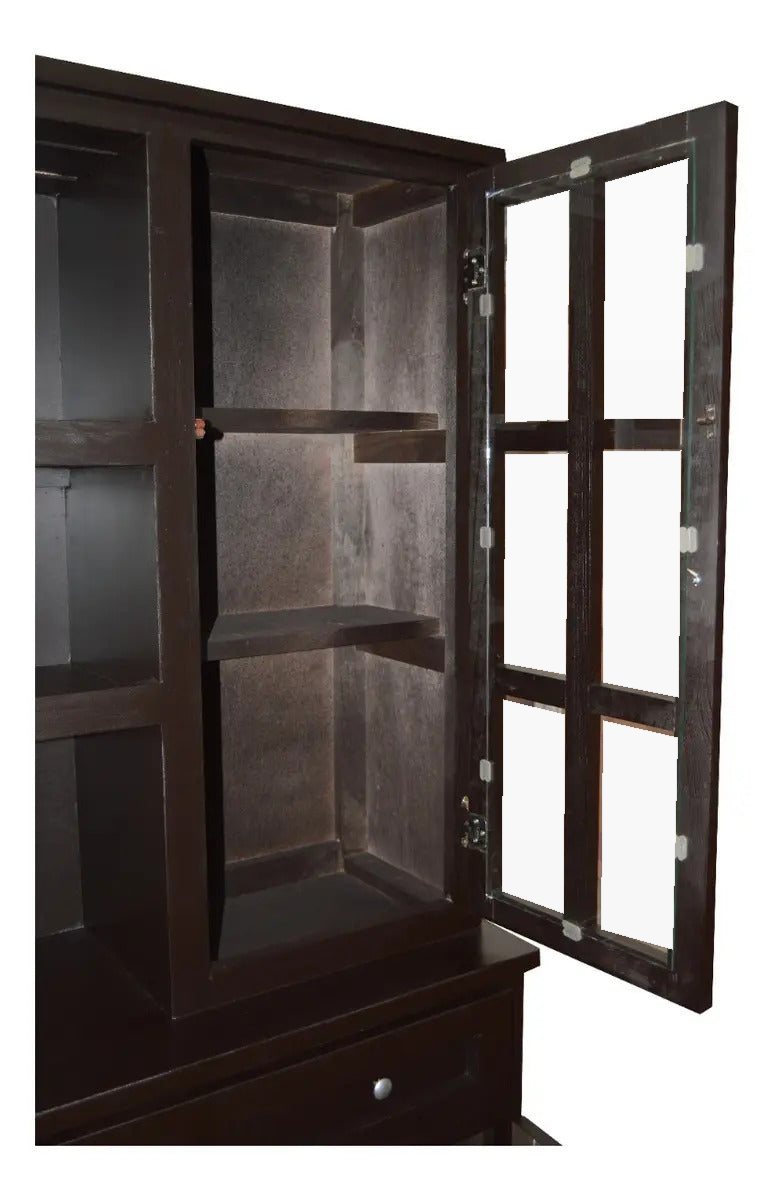 Vitrina Modelo Guam Chocolate: gabinete lateral abierto y repisas
