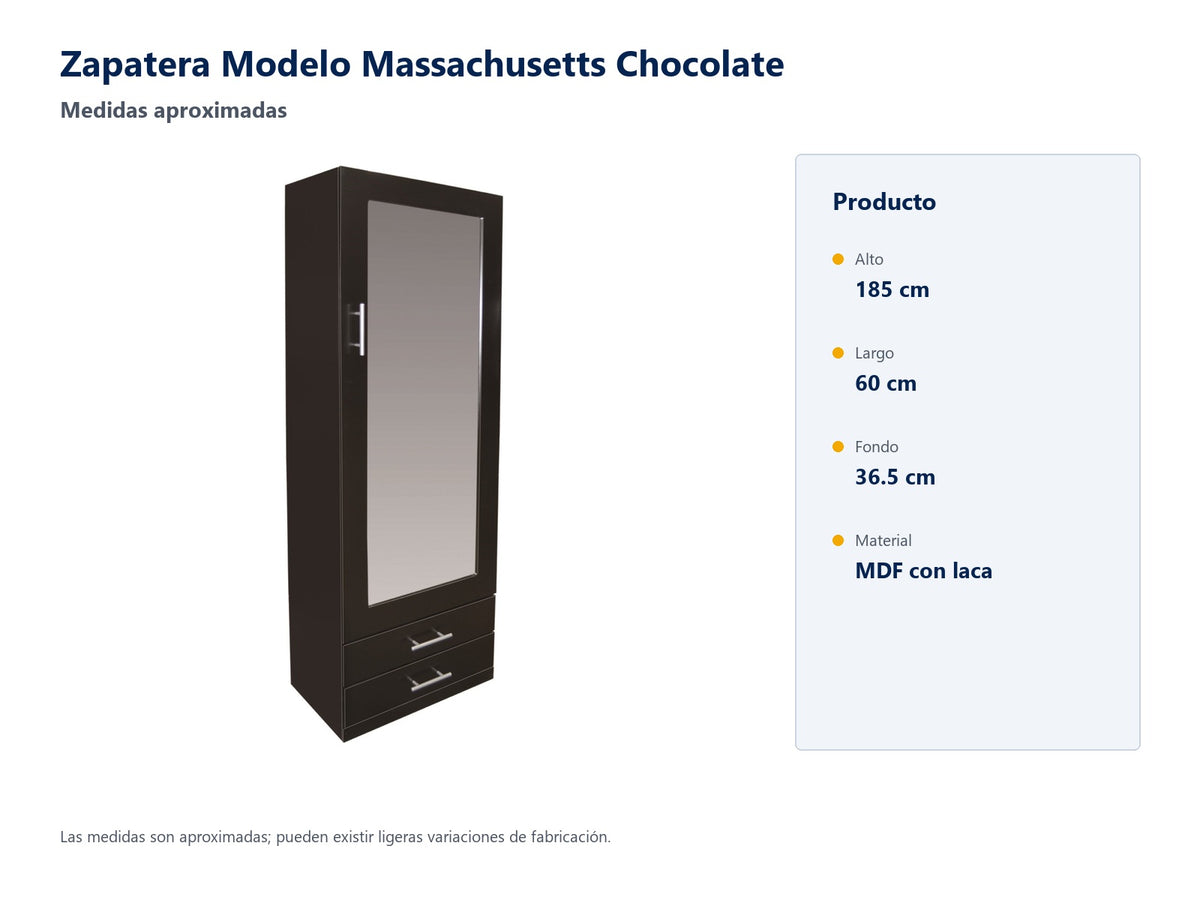 Zapatera Modelo Massachusetts Chocolate; medidas aproximadas 185 x 60 x 36.5 cm; MDF con laca