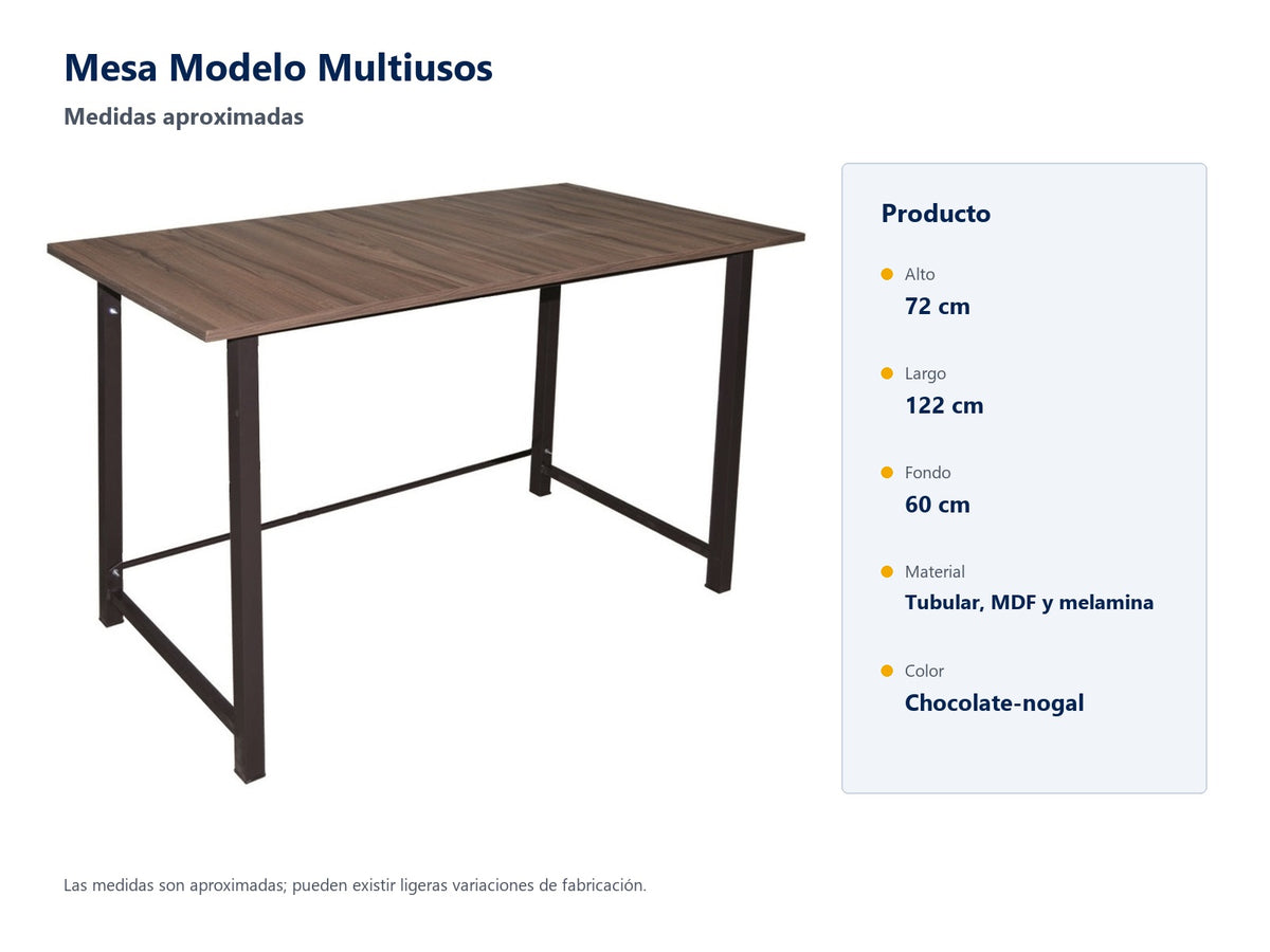 Mesa Modelo Multiusos: medidas aproximadas, material y color