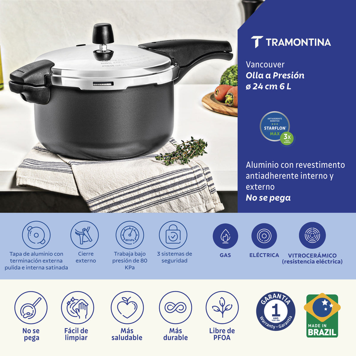 Olla de Presión Tramontina Vancouver 24 cm 6 L Grafito 20589624 - caracteristicas oficiales