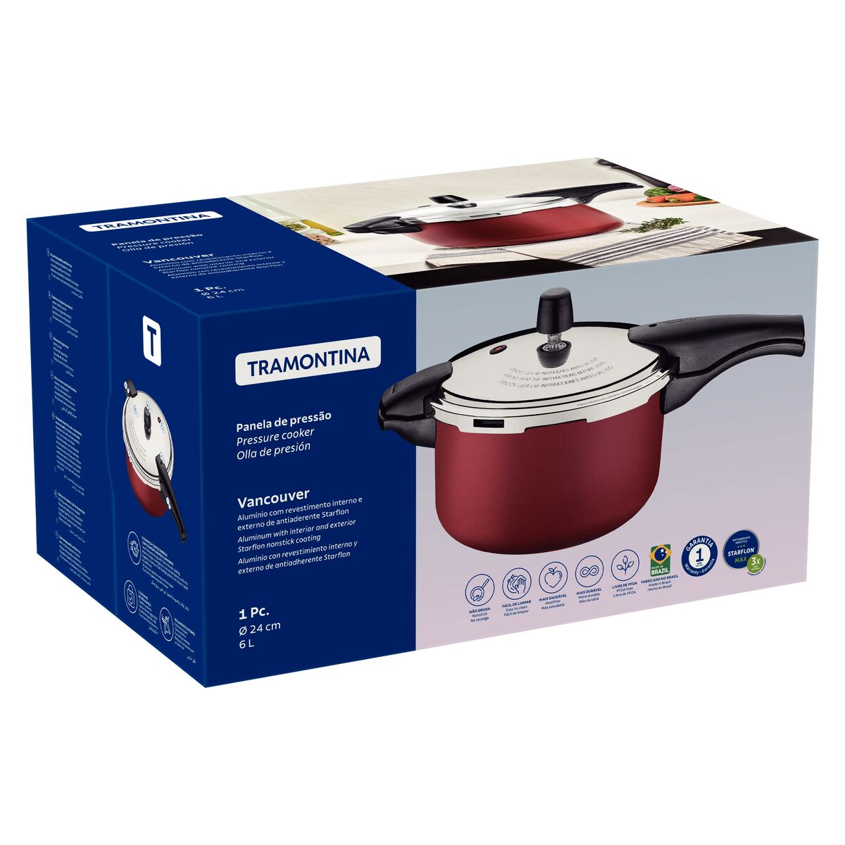 Olla de Presión Tramontina Vancouver 24 cm 6 L Roja 20589724 - empaque oficial