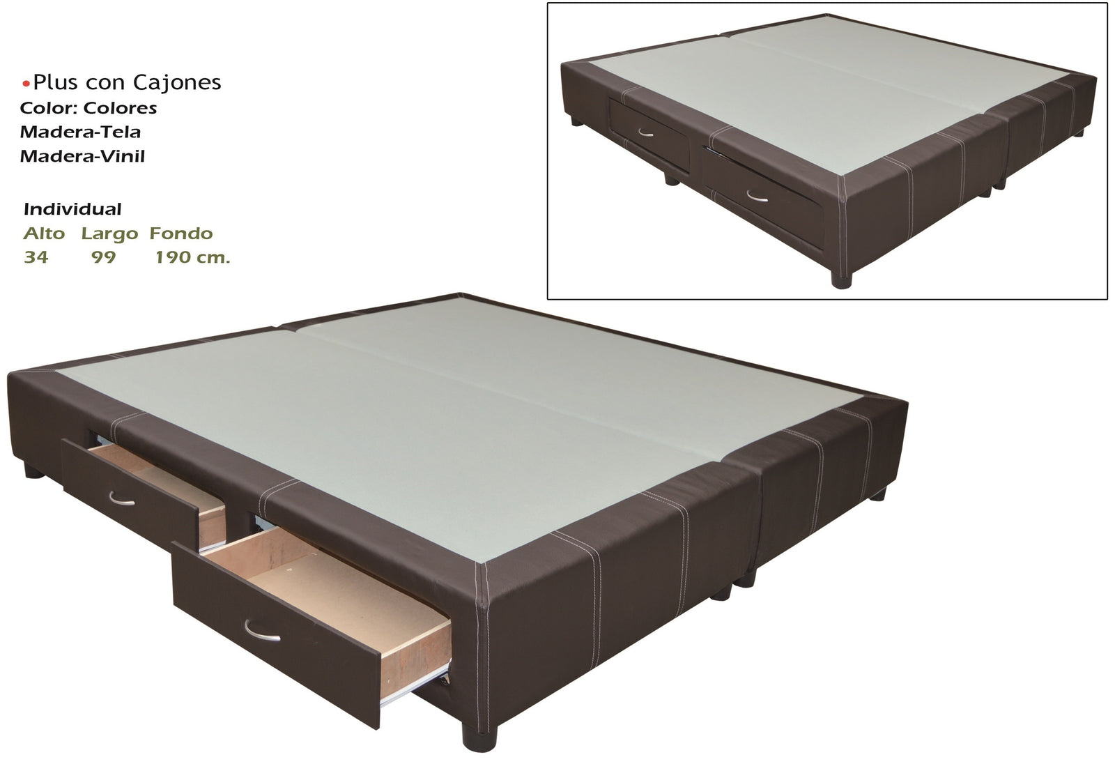 Base para Cama Modelo Plus con Cajones Individual Vinil - medidas aproximadas