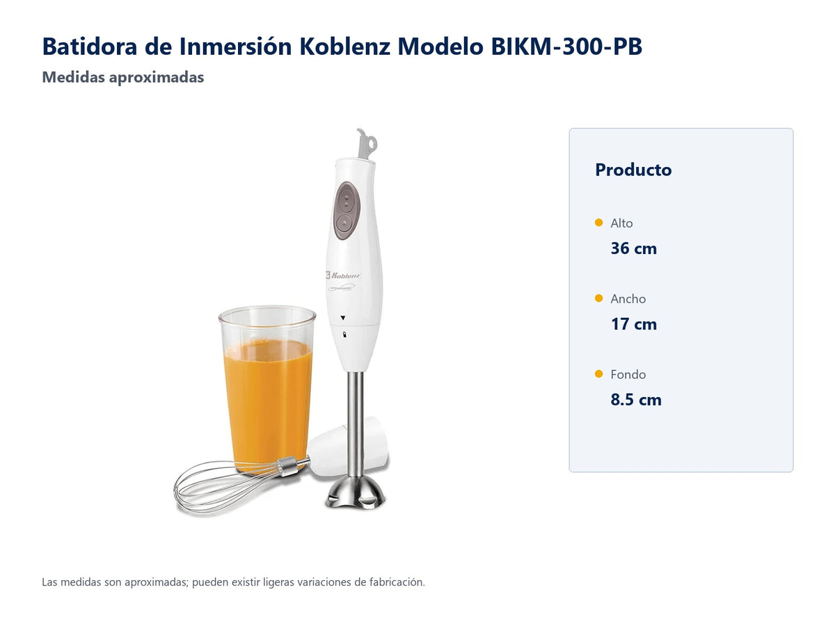 Medidas aproximadas de la Batidora de Inmersión Koblenz BIKM-300-PB: alto 36 cm, ancho 17 cm, profundo 8.5 cm