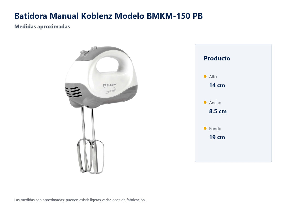 Medidas aproximadas de la Batidora Manual Koblenz BMKM-150 PB: alto 14 cm, ancho 8.5 cm, fondo 19 cm