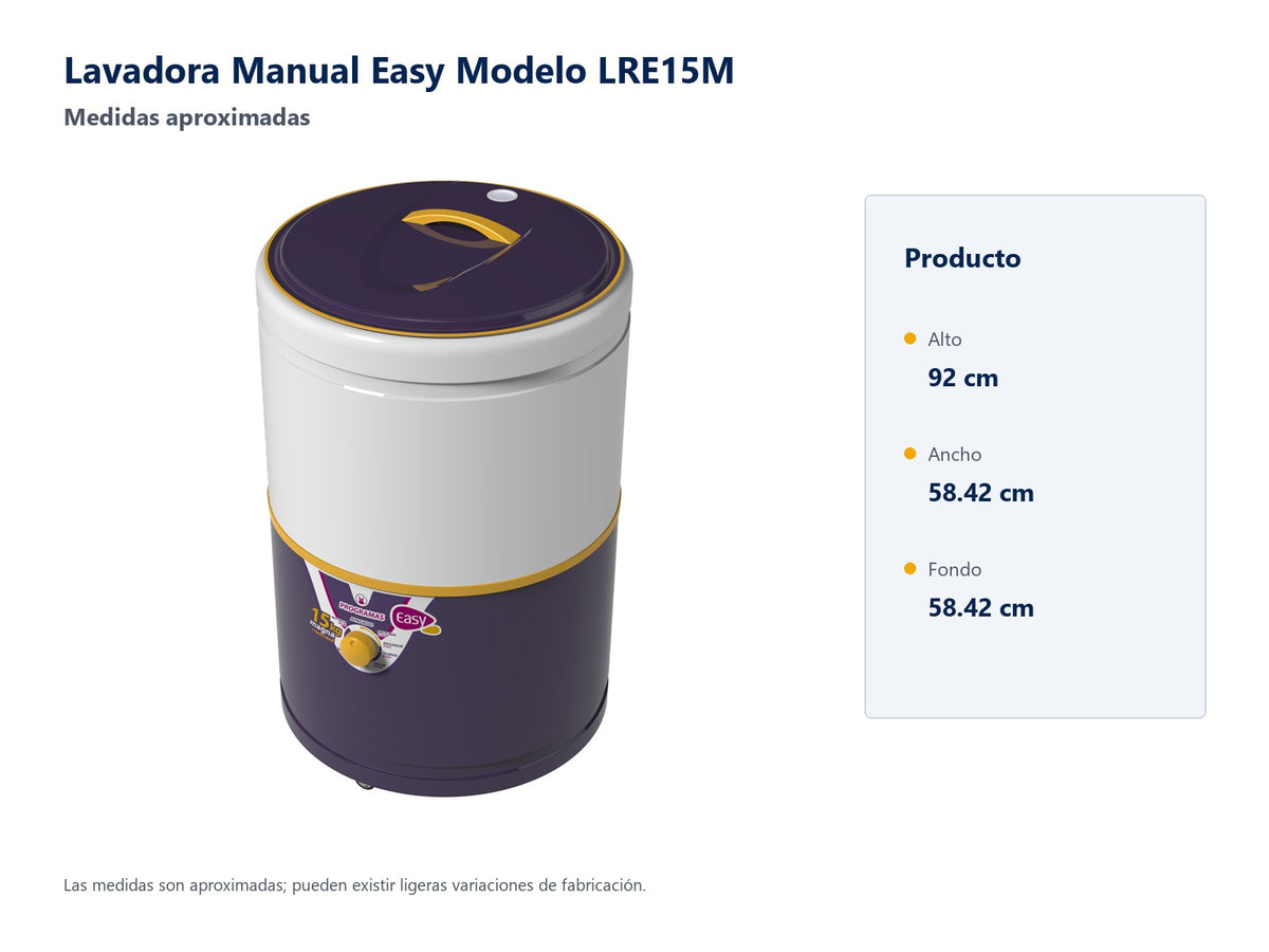 Lavadora Manual Easy Modelo LRE15M - medidas aproximadas