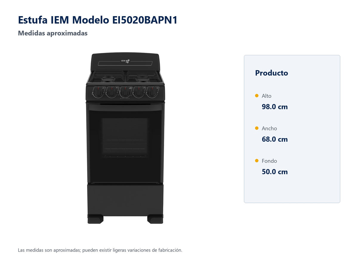 Estufa IEM Modelo EI5020BAPN1 - medidas aproximadas