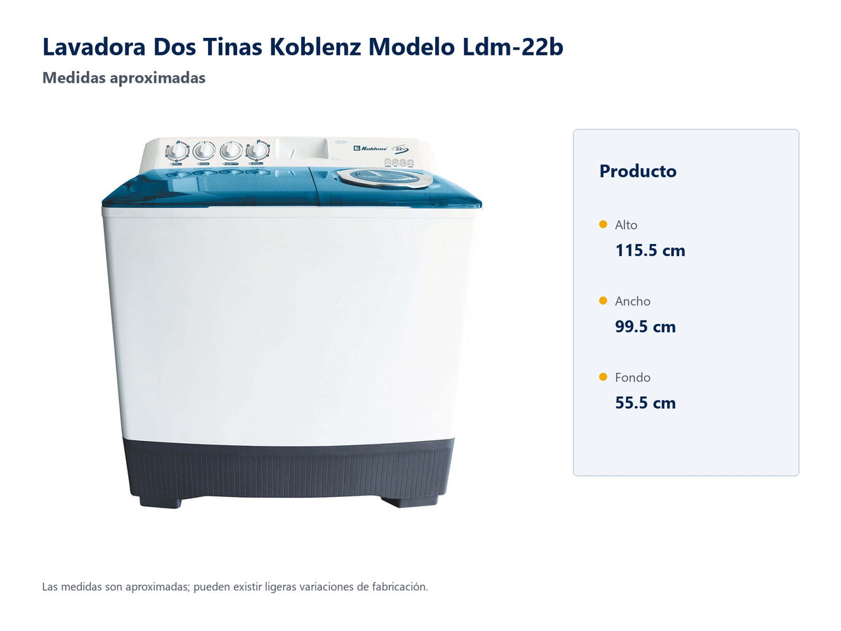 Lavadora Dos Tinas Koblenz Modelo Ldm-22b - medidas aproximadas