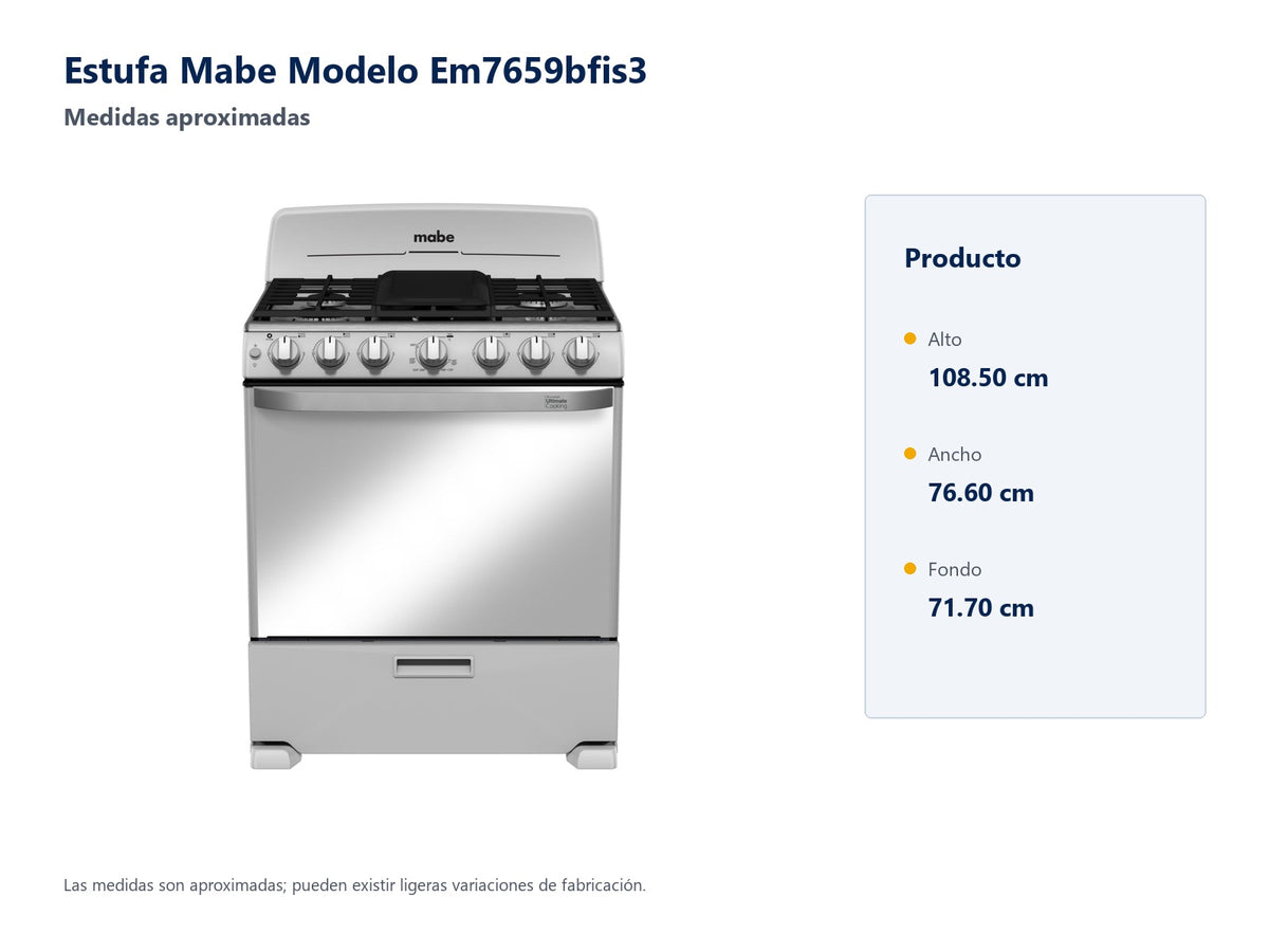 Estufa Mabe Modelo Em7659bfis3 - medidas aproximadas