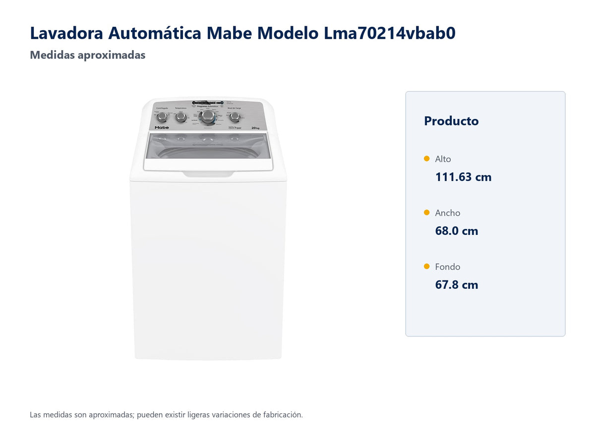 Lavadora Automática Mabe Modelo Lma70214vbab0 - medidas aproximadas