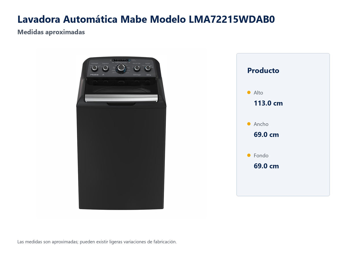 Lavadora Automática Mabe Modelo LMA72215WDAB0 - medidas aproximadas