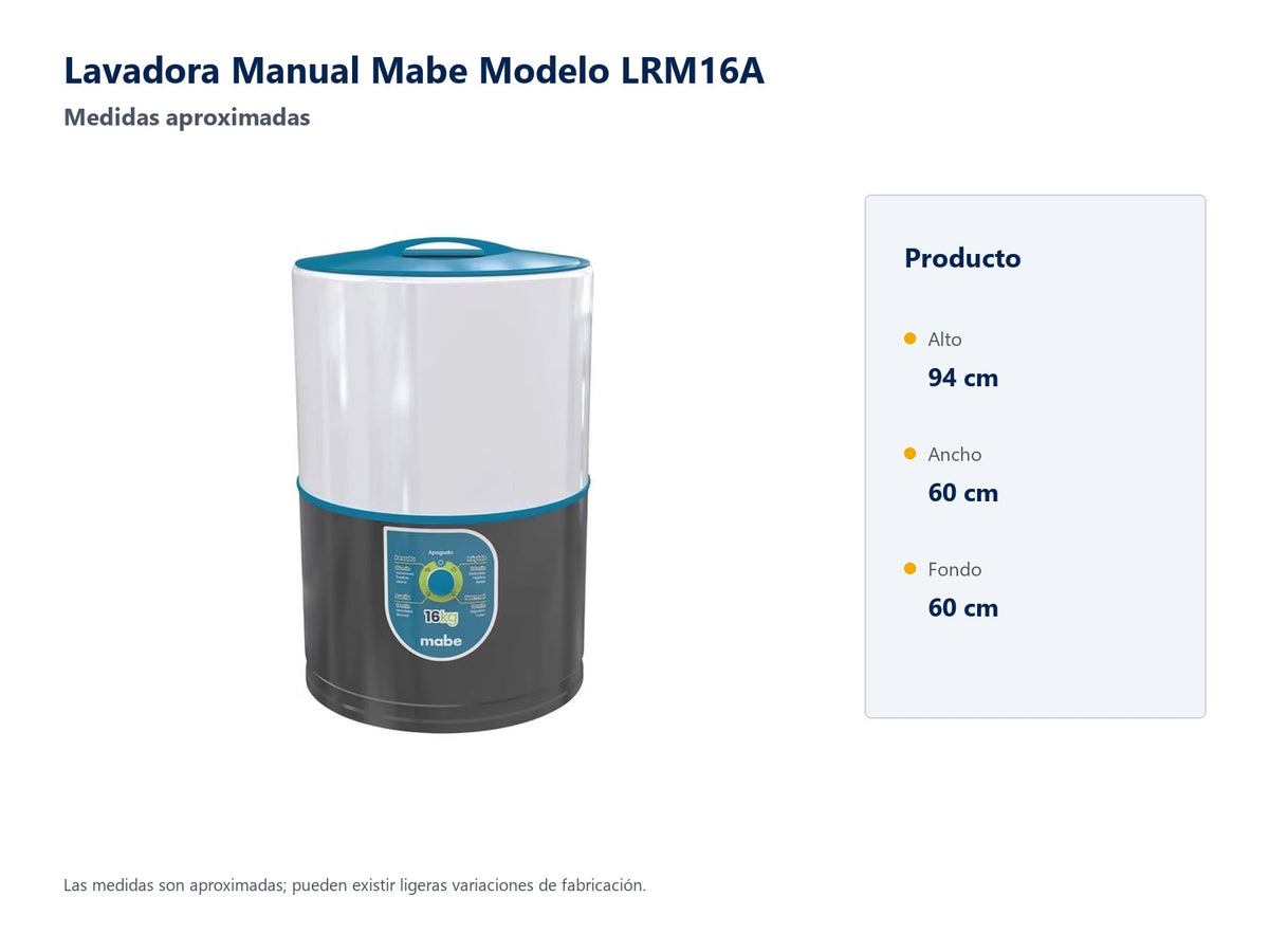 Lavadora Manual Mabe Modelo LRM16A - medidas aproximadas