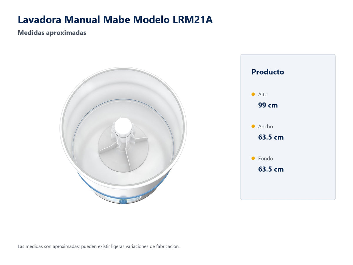 Lavadora Manual Mabe Modelo LRM21A - medidas aproximadas