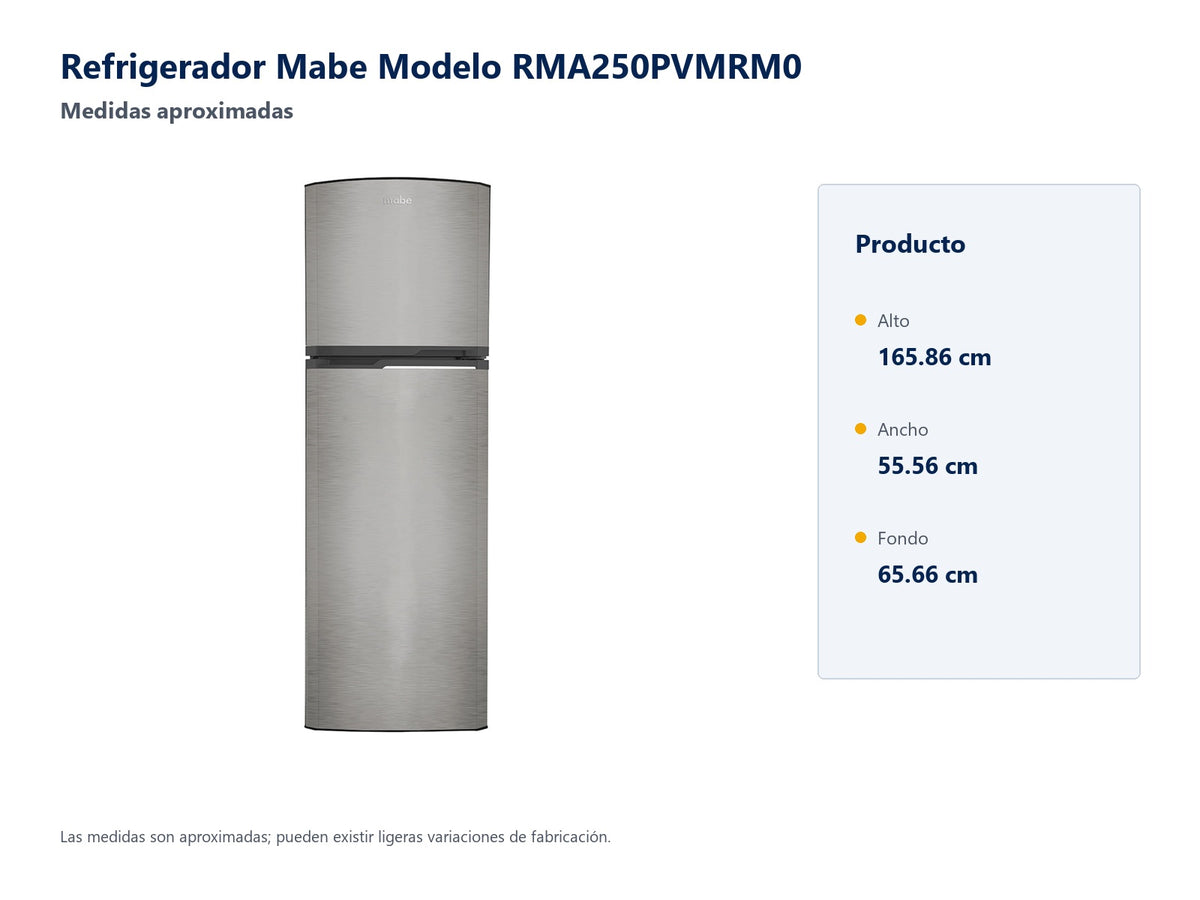 Refrigerador Mabe Modelo RMA250PVMRM0 - medidas aproximadas