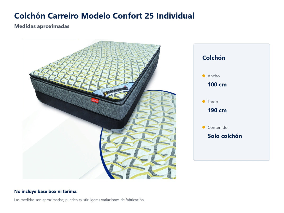 Colchón Carreiro Modelo Confort 25 Individual - medidas aproximadas
