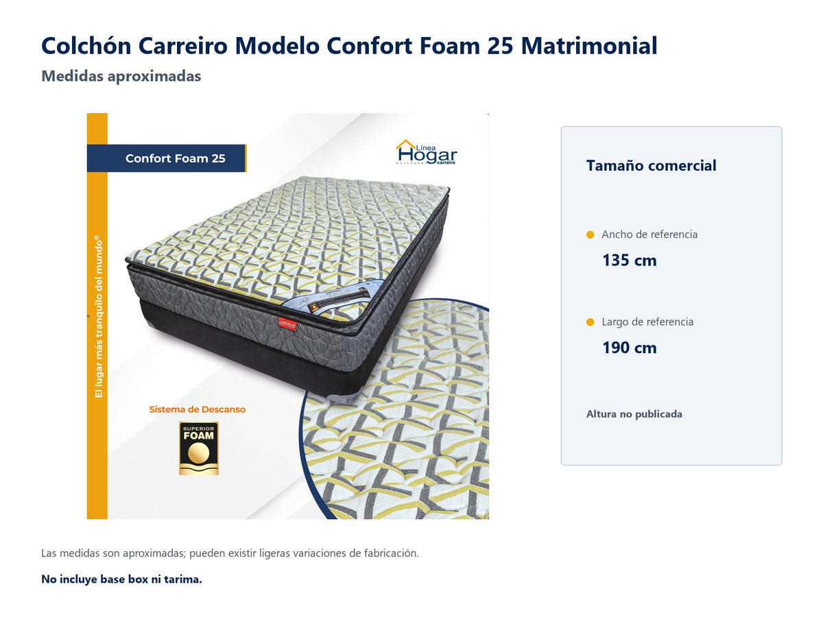 Colchón Carreiro Modelo Confort Foam 25 Matrimonial - medidas aproximadas del tamaño comercial