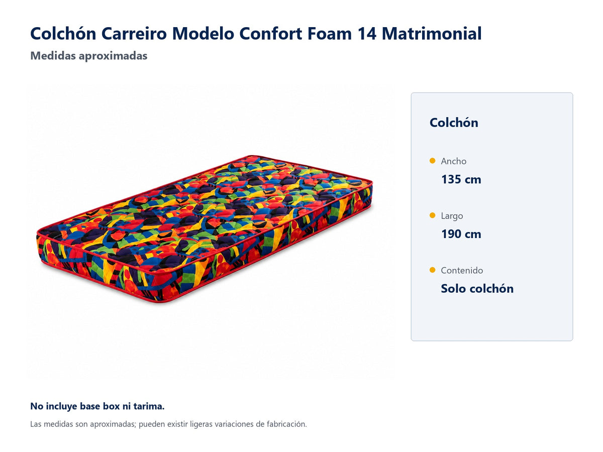 Colchón Carreiro Modelo Confort Foam 14 Matrimonial - medidas aproximadas