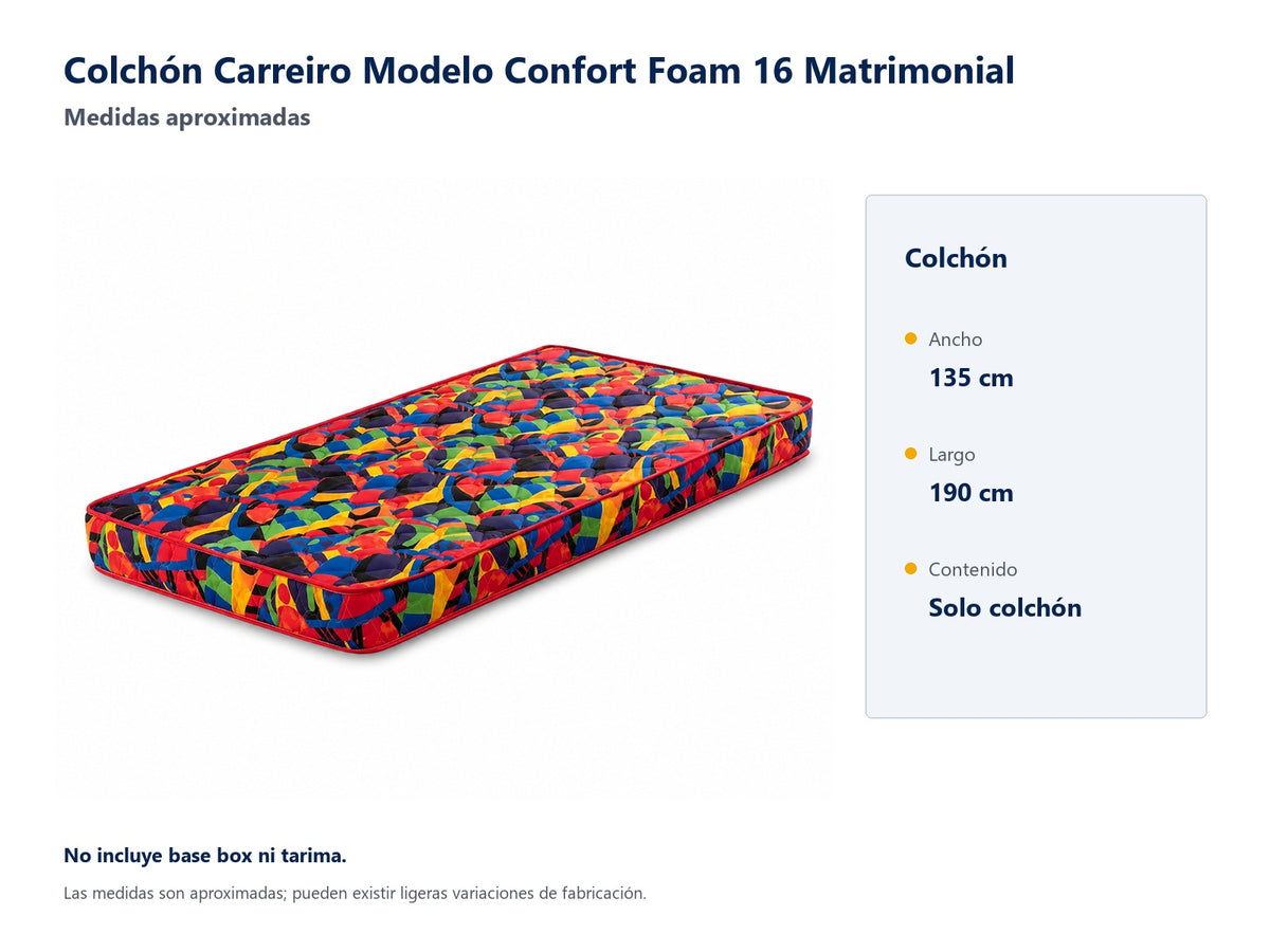 Colchón Carreiro Modelo Confort Foam 16 Matrimonial - medidas aproximadas