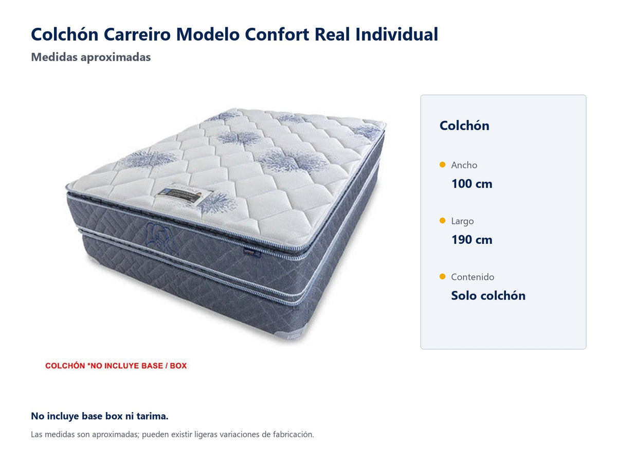 Colchón Carreiro Modelo Confort Real Individual - medidas aproximadas