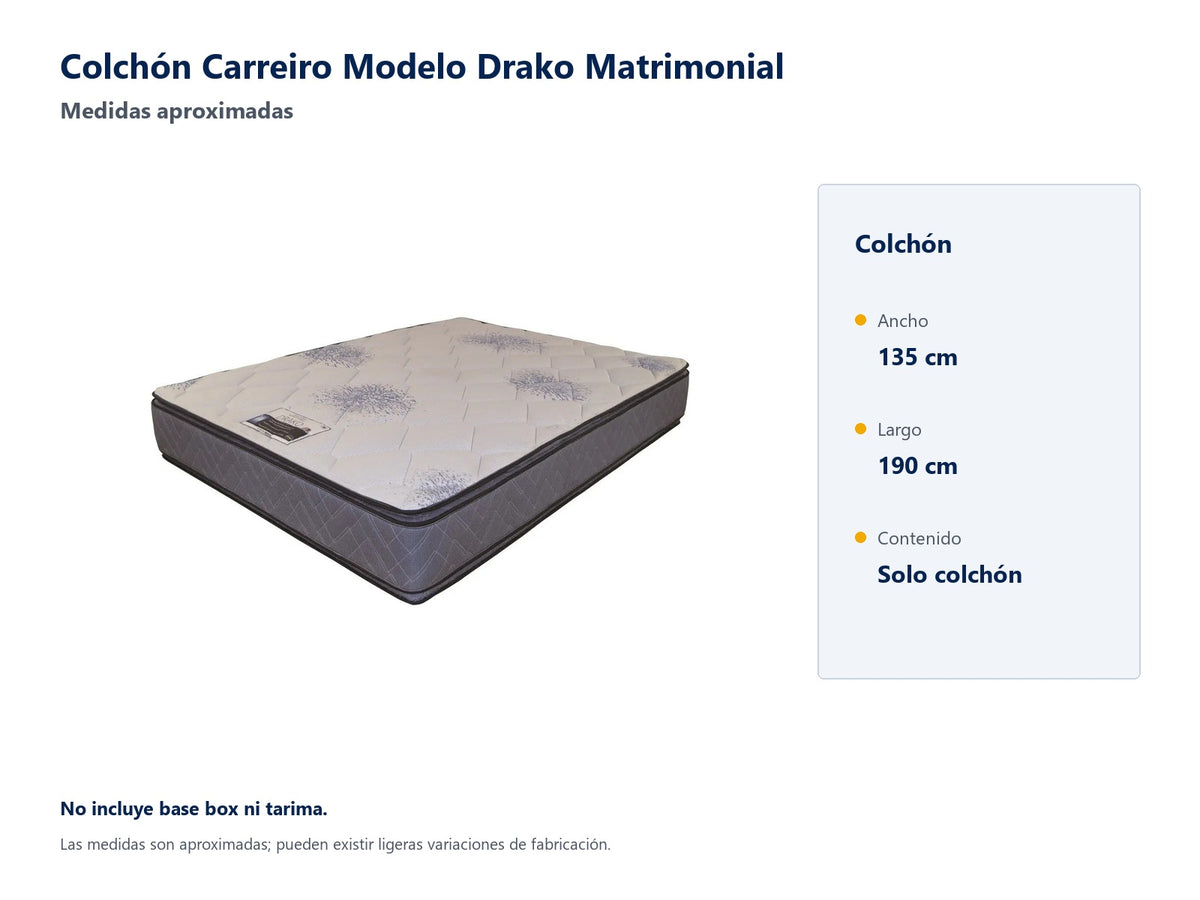 Colchón Carreiro Modelo Drako Matrimonial - medidas aproximadas