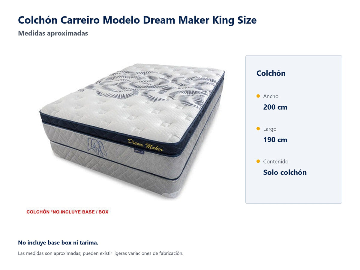 Colchón Carreiro Modelo Dream Maker King Size - medidas aproximadas