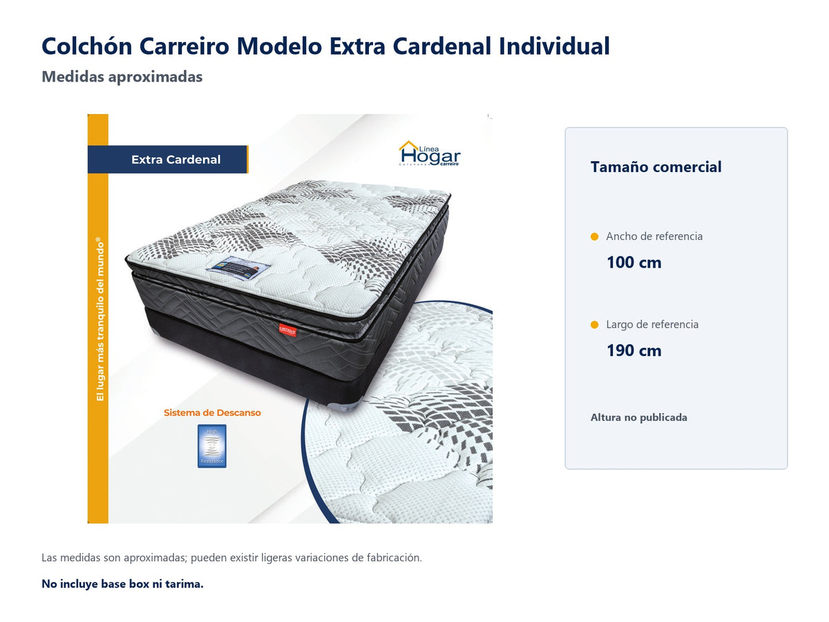 Colchón Carreiro Modelo Extra Cardenal Individual - medidas aproximadas del tamaño comercial