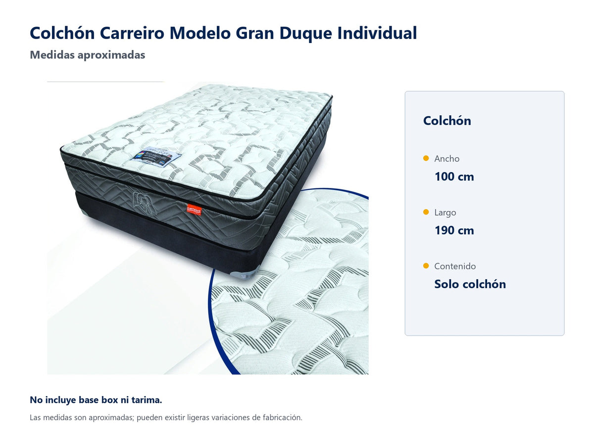 Colchón Carreiro Modelo Gran Duque Individual - medidas aproximadas