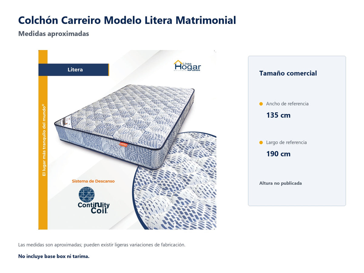 Colchón Carreiro Modelo Litera Matrimonial - medidas aproximadas del tamaño comercial