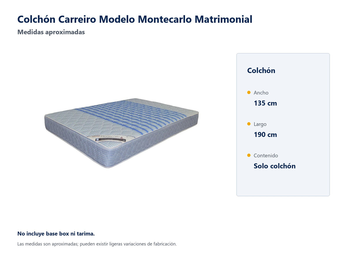 Colchón Carreiro Modelo Montecarlo Matrimonial - medidas aproximadas