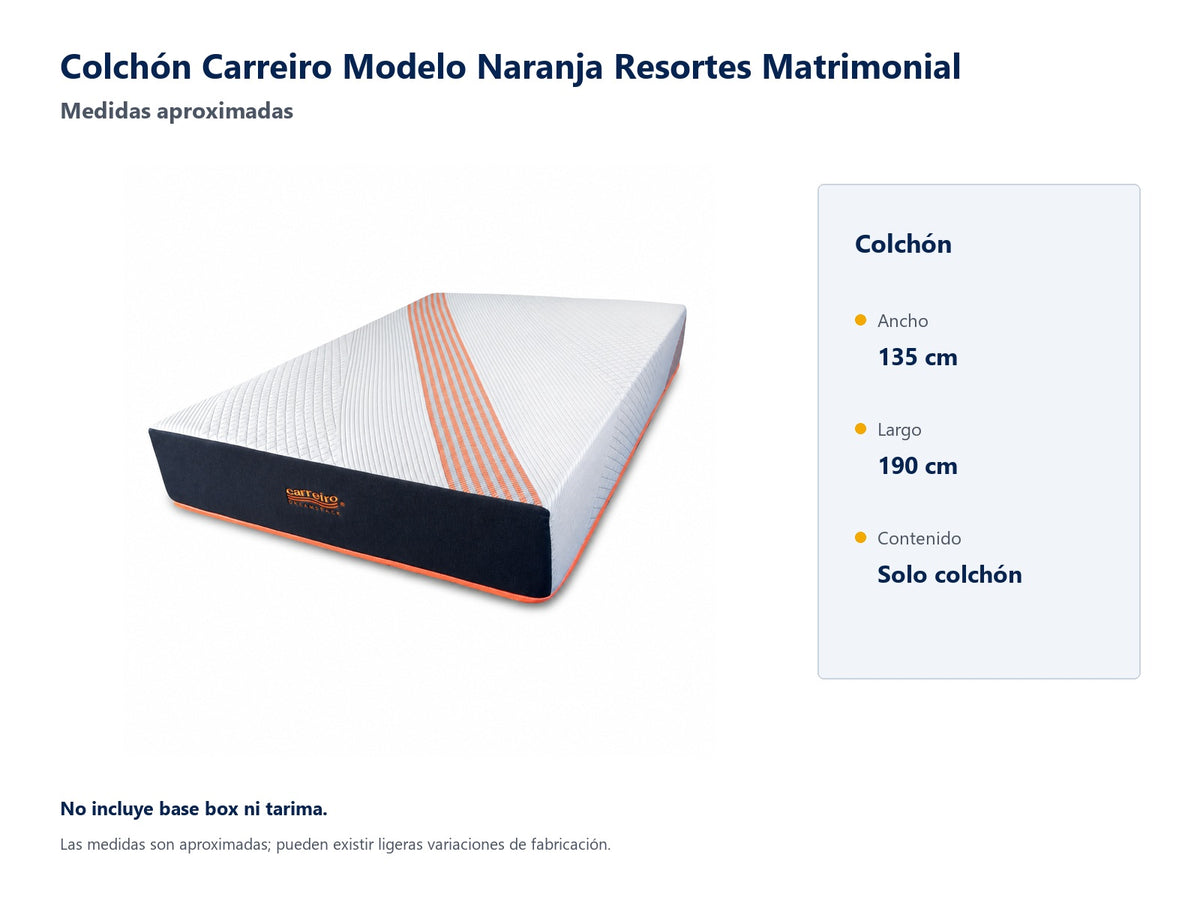 Colchón Carreiro Modelo Naranja Resortes Matrimonial - medidas aproximadas