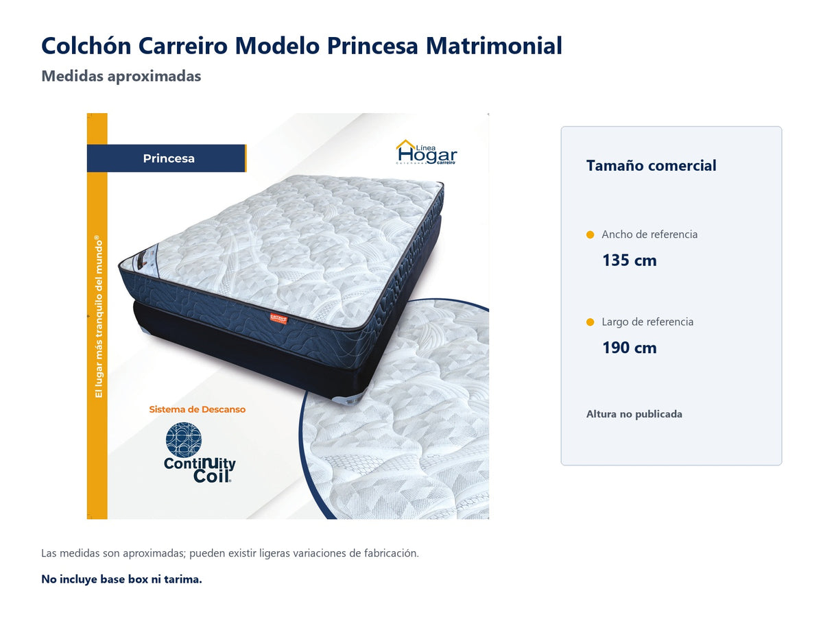 Colchón Carreiro Modelo Princesa Matrimonial - medidas aproximadas del tamaño comercial
