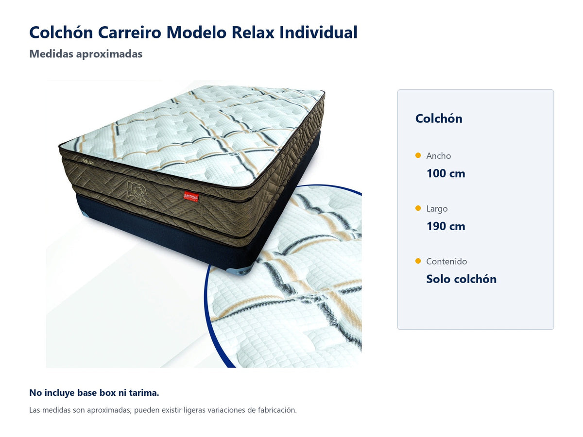 Colchón Carreiro Modelo Relax Individual - medidas aproximadas