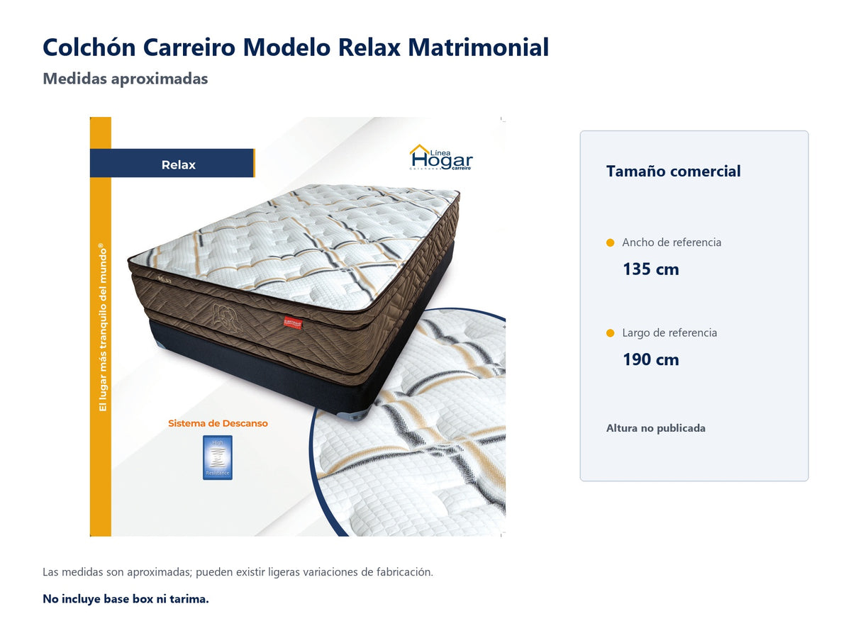 Colchón Carreiro Modelo Relax Matrimonial - medidas aproximadas del tamaño comercial