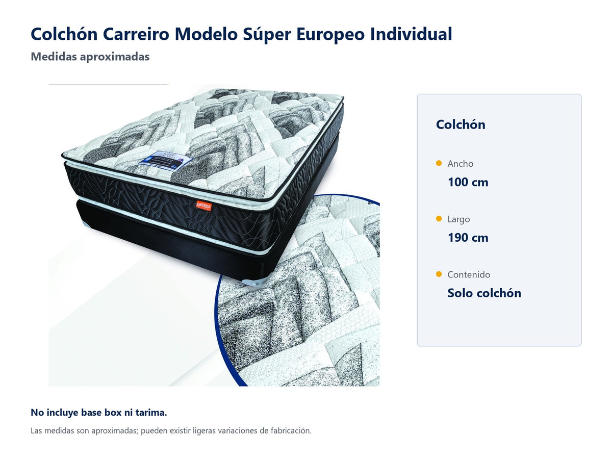 Colchón Carreiro Modelo Súper Europeo Individual - medidas aproximadas