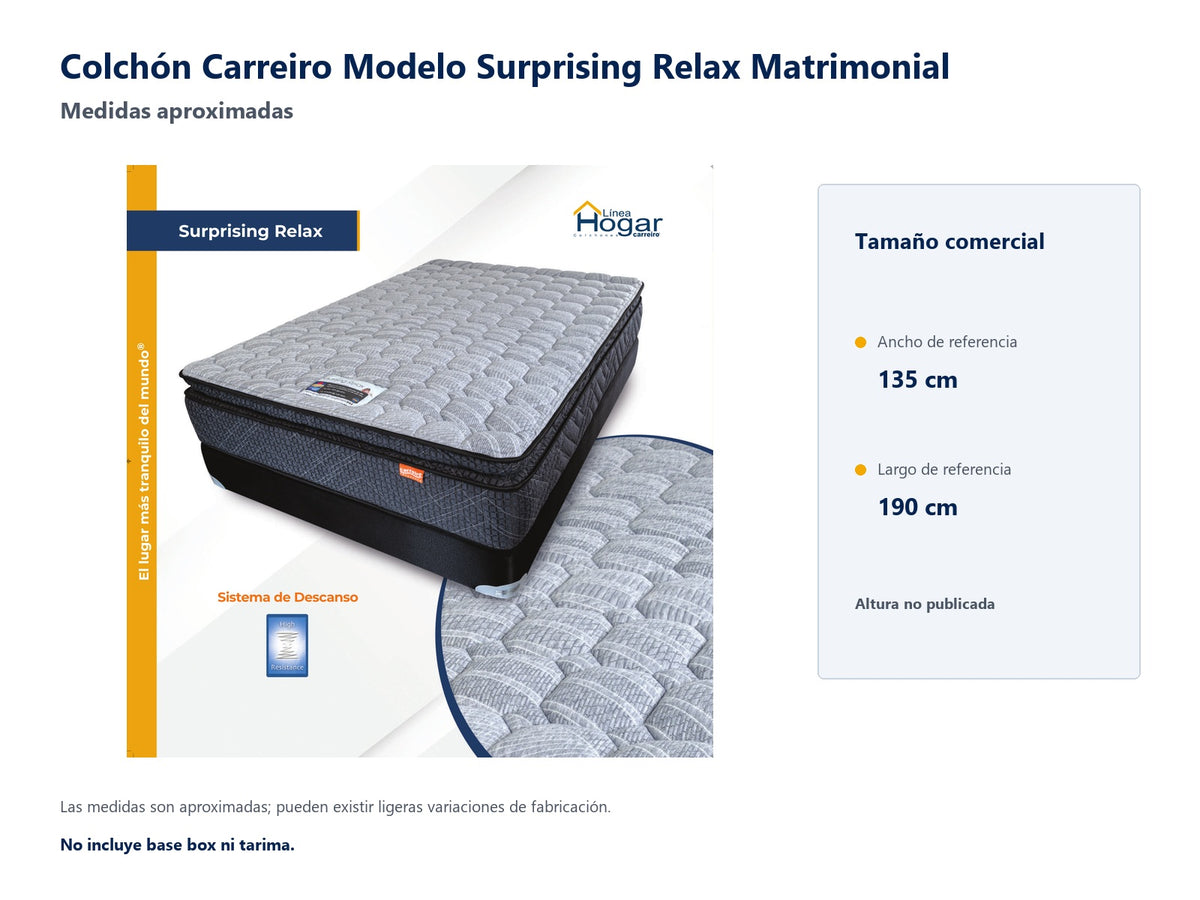 Colchón Carreiro Modelo Surprising Relax Matrimonial - medidas aproximadas del tamaño comercial