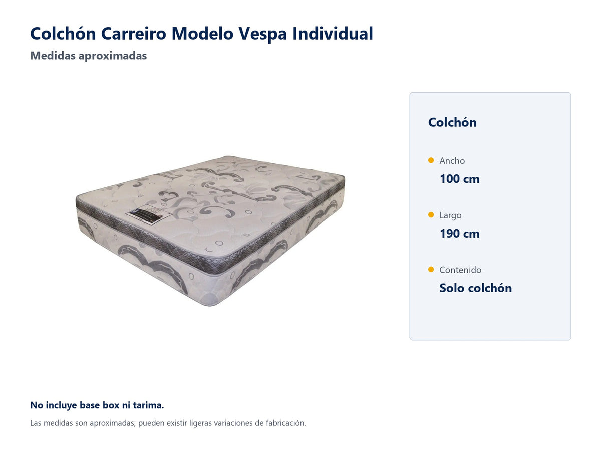 Colchón Carreiro Modelo Vespa Individual - medidas aproximadas