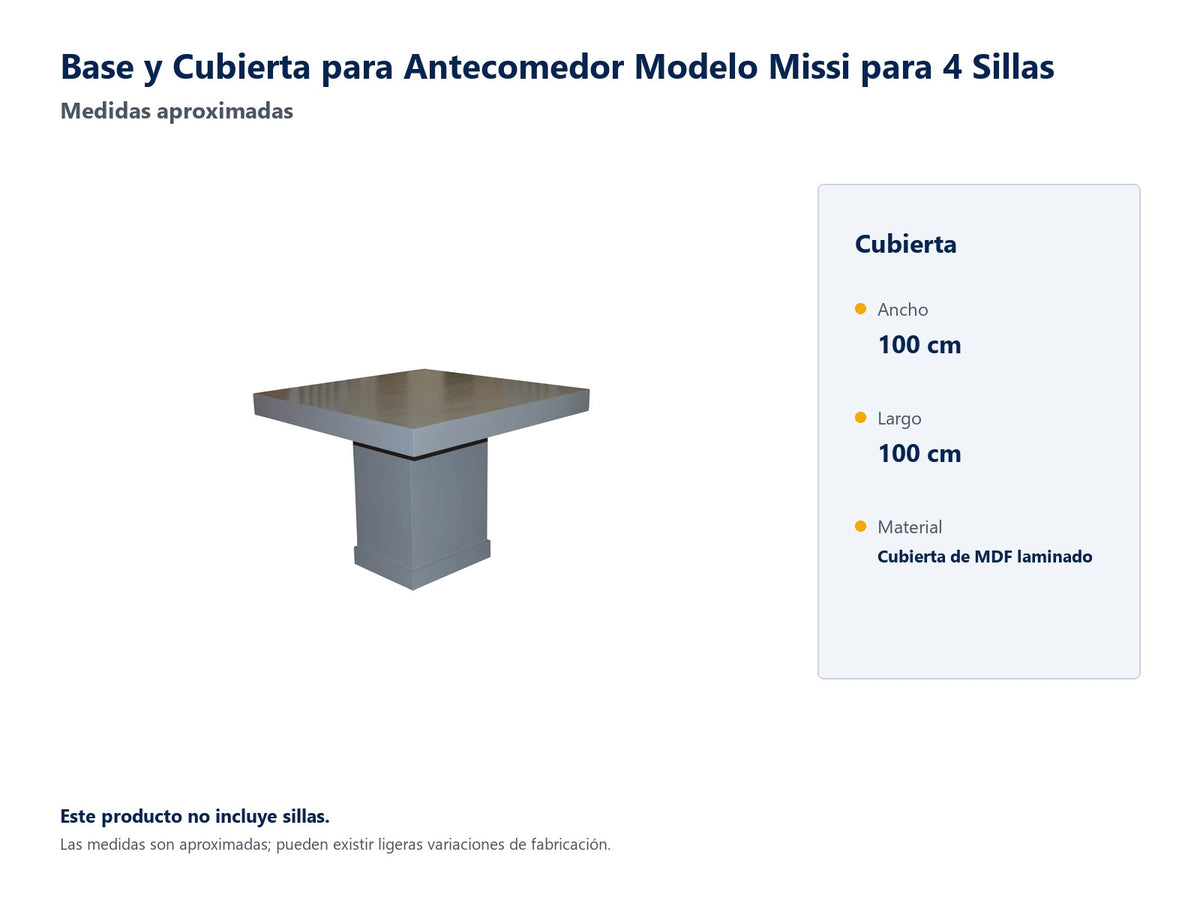 Base y Cubierta para Antecomedor Modelo Missi para 4 Sillas - medidas aproximadas; no incluye sillas